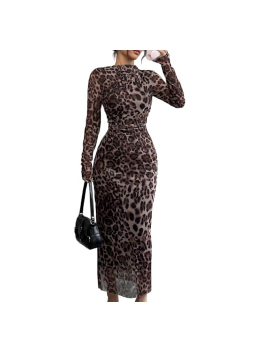 Long Sleeve Bodycon Maxi Dress Ruched Back Leopard Print Mock Neck